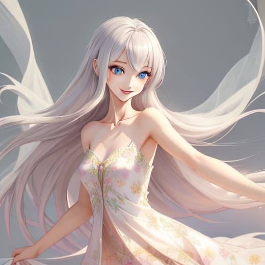  a thin lady with long, flowing hair stands confidently, holding a loose, flowing dress with both hands, pulling it gently as she smiles radiantly. the dress has intricate floral patterns, and the fabric glimmers in the light, showcasing its delicate texture. the background features a soft, dreamy landscape with pastel colors, enhancing the ethereal feel. the character is illustrated in a stylized anime fashion, with large expressive eyes and a serene expression, set in a whimsical 3d environment that highlights her elegant pose and the movement of the dress.