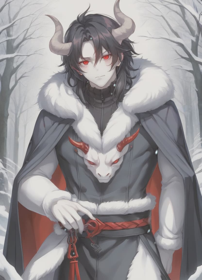  anime artwork man demon, red horns, red eyes, black long hair, winter clothes . anime style, key visual, vibrant, studio anime, highly detailed