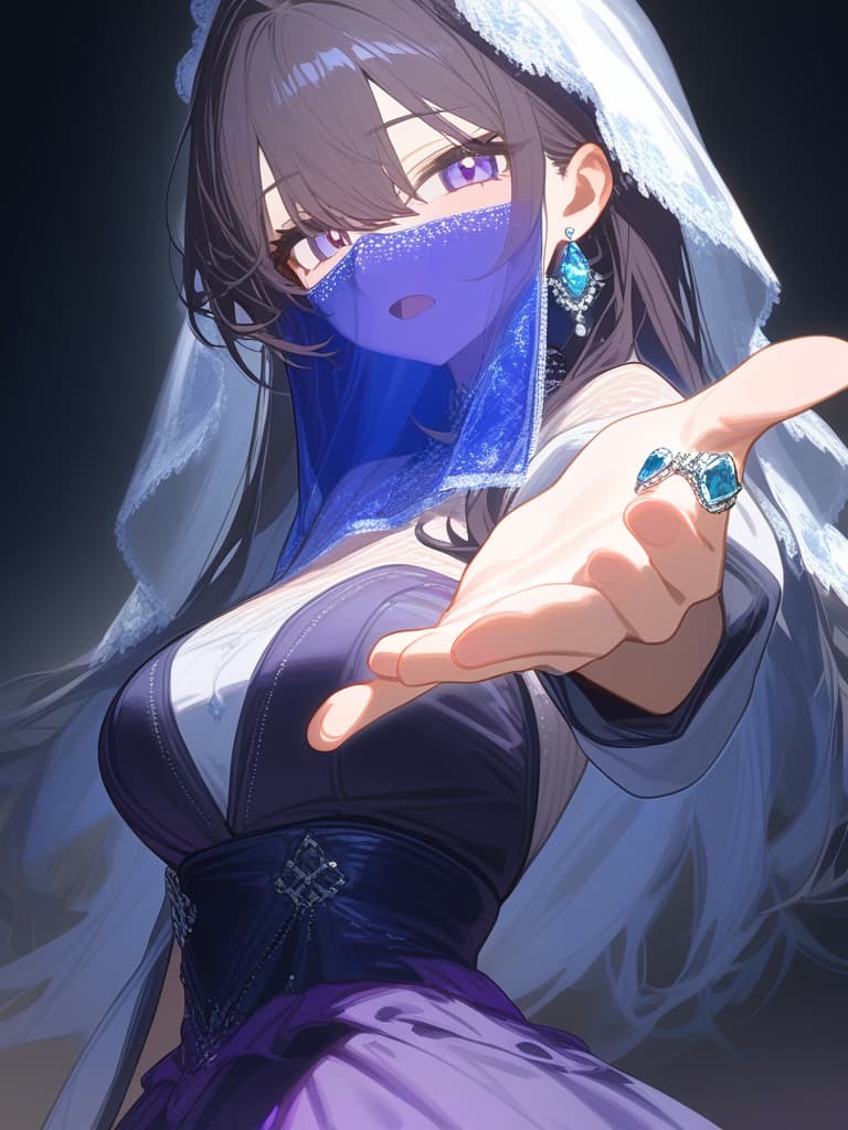  ultra detailed:1.2,masterpiece:1.2,best quality,masterpiece,bestquality,hdr:1.1,8k:1.1,very cute girl:1.3,((hand up,reaching backhand,alexandrite ring:1.6)),(pearl earrings:1.4)(princess gown:1.3),(upper body:1.4),(face focus:1.2),(purple race mouth veil:1.5)