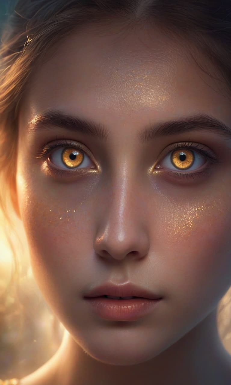  ethereal fantasy concept art of a girl with large golden eyes that shine with a bright, magical light, as if energy was burning inside them. the eyes radiate a mystical glow, emphasizing their depth and mystery . magnificent, celestial, ethereal, painterly, epic, majestic, magical, fantasy art, cover art, dreamy, hkmagic