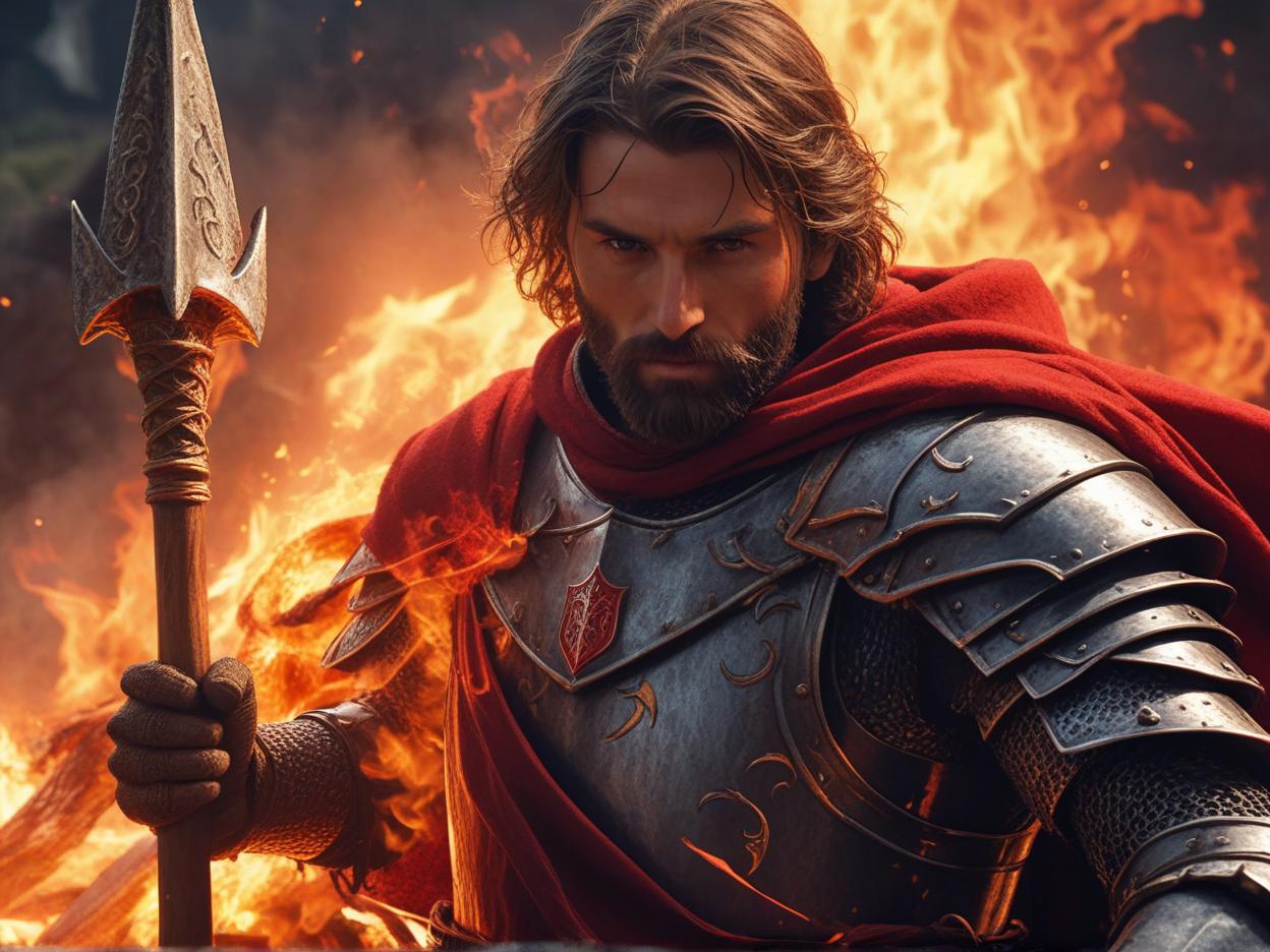  a ragged stern male knight with a beard standing in front of a fire while wielding a spear, wearing a red cape, high quality, high details, hd, perfect composition, 4k epic detailed, highly detailed, sharp focus, high resolution