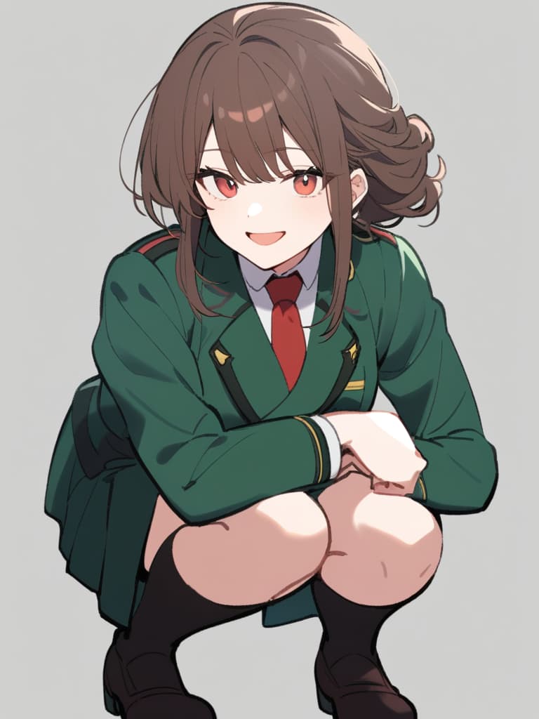  my hero academia hagakure tohru clothing collared shirt (green color :1.5) tie neckwear pleated (red tie red neckwear uniform shirt :1.5) u.a. high uniform uniform white shirt woman bright red eyes dark brown hair messy (dark brown mullet hairstyle:1.5) hair long bangs eyes half hidden by bangs smiling looking at camera open mouth open mouthed smile smiling standing (((squatting:1.3))) one woman alone eyelashes unusually visible simple background white background high resolution very high resolution