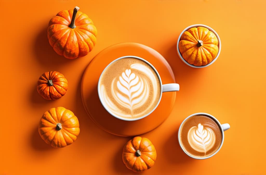  epic realistic, hyperdetailed, (cycles render:1.3), caustics, (glossy:0.58), (artstation:0.82),top view of pumpkins and pumpkin spice lattes on orange background with copy space ar 3:2