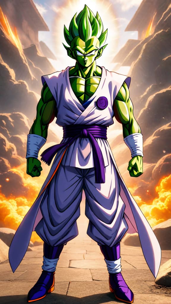  anime art: piccolo from dragon ball fusing with powerful beings, each time his power level skyrocketing. hyperrealistic, full body, detailed clothing, highly detailed, cinematic lighting, stunningly beautiful, intricate, sharp focus, f/1. 8, 85mm, (centered image composition), (professionally color graded), ((bright soft diffused light)), volumetric fog, trending on instagram, trending on tumblr, HDR 4K, 8K