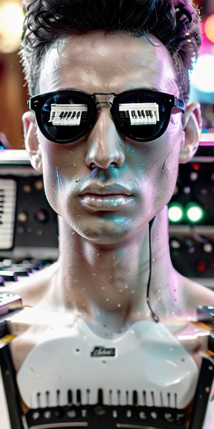  hyperrealistic art fully white face with black sunglasses that show an electric piano . extremely high resolution details, photographic, realism pushed to extreme, fine texture, incredibly lifelike, perfecteyes, glowneon