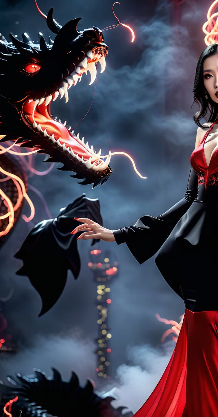  a girl in a black tight fitting silk dress, black hair, an open neckline on the dress, in the background a black dragon with red teeth and eyes, a dark background., perfecteyes, hkmagic, glowneon hyperrealistic, full body, detailed clothing, highly detailed, cinematic lighting, stunningly beautiful, intricate, sharp focus, f/1. 8, 85mm, (centered image composition), (professionally color graded), ((bright soft diffused light)), volumetric fog, trending on instagram, trending on tumblr, HDR 4K, 8K