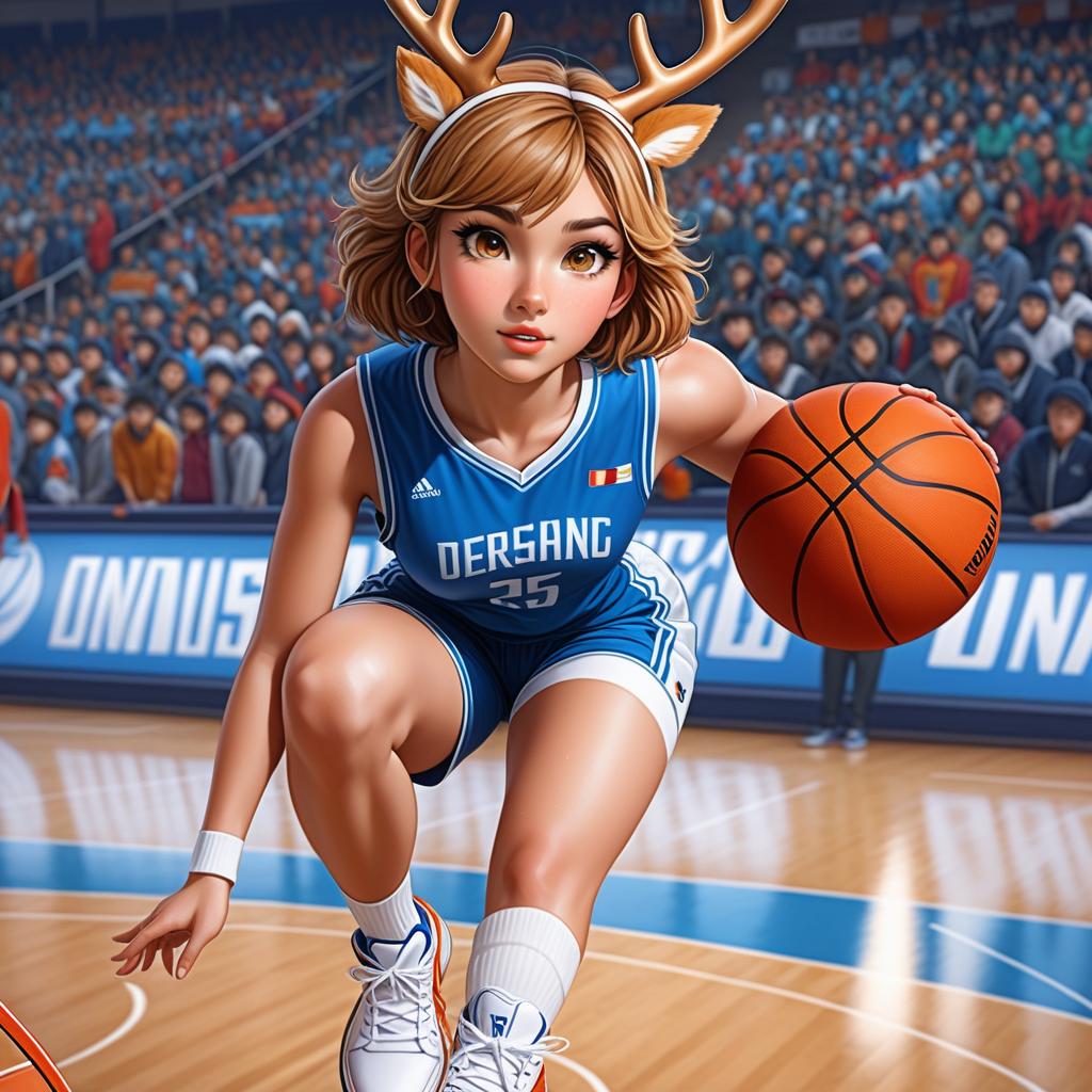  anime art very beautiful, deer girl, olive skin woman, amber doe eyes, white freckles, has deer tail , has deer tail, light brown hair, round lips, straight eyebrows, button nose, round shaped face, short hair, lean figure, long legs, blue and white basket ball jersey, basketball court., award winning, professional, highly detailed, masterpiece