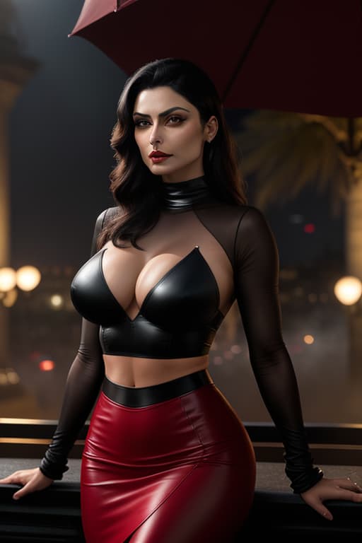  Morena Baccarin, hyper realistic photo, carmine red lips, dark makeup, turtleneck top, transparent top, fuchsia skirt, leather skirt, slit skirt, medium breasts, deep cleavage, transparent cleavage, nipples, armchair, roof terrace (Champs Elysées), front view hyperrealistic, full body, detailed clothing, highly detailed, cinematic lighting, stunningly beautiful, intricate, sharp focus, f/1. 8, 85mm, (centered image composition), (professionally color graded), ((bright soft diffused light)), volumetric fog, trending on instagram, trending on tumblr, HDR 4K, 8K