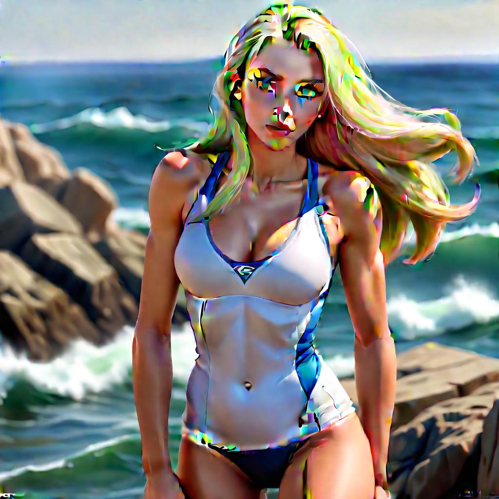  hdr photo of beautiful old sports girl of european appearance with sophisticated facial features, long blonde hair gathered in one tail, wide mouth with plump lips, large , narrow waist, wide pelvis, beautiful sports legs, full height, high detail, photo in full growth against the sea background, sgirl . high dynamic range, vivid, rich details, clear shadows and highlights, realistic, intense, enhanced contrast, highly detailed, perfect hands