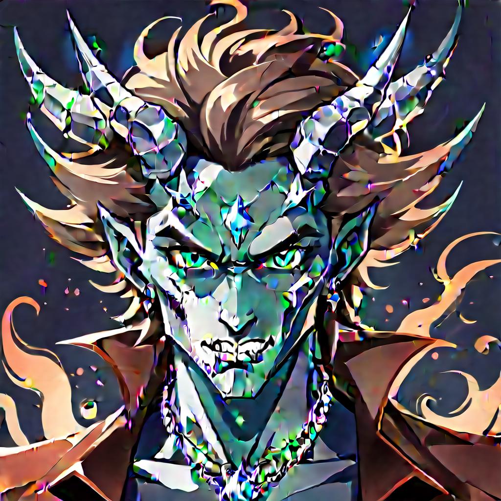  minimalist style diamond devil, portrait. dark green eyes, man. kind. hair gray. with fangs and horns. colors blue, blue, silver . simple, clean, uncluttered, modern, elegant