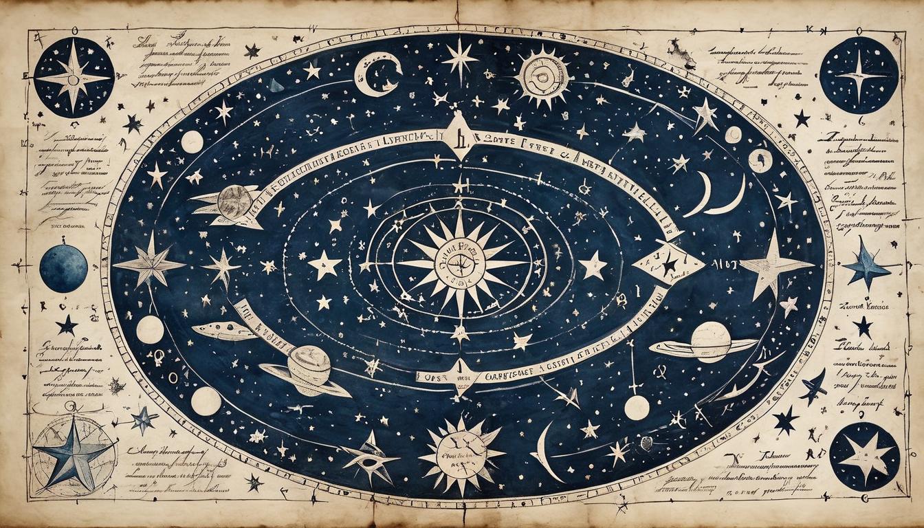  on parchment, surrealism+++, fate written in stars, celestial sky, constellations arranging into ominous symbols, destined outcomes, cosmic inevitability(mysterious, provocative, symbolic,muted color)+++