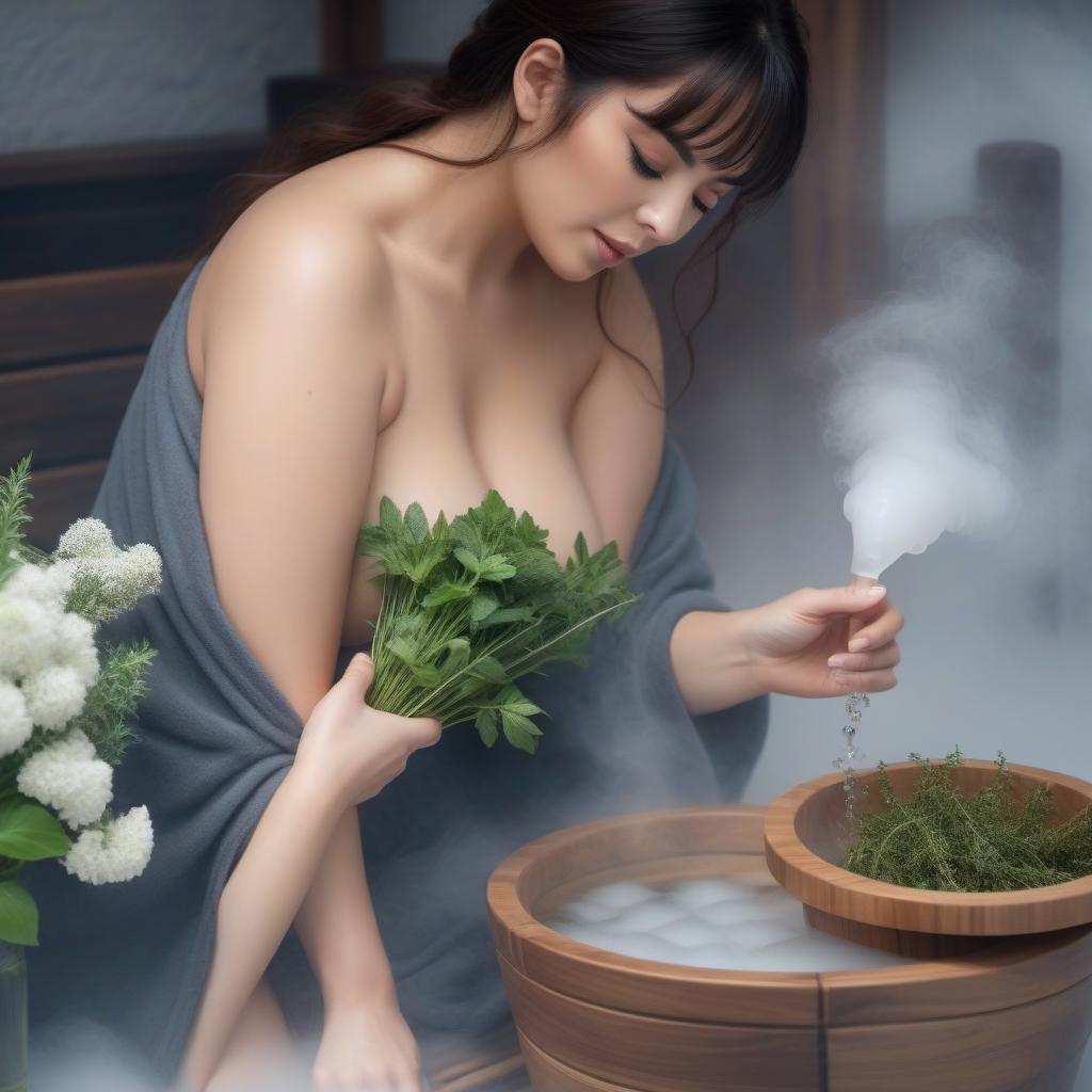  Sauna A plump woman Bouquets of herbs A tub of water hyperrealistic, full body, detailed clothing, highly detailed, cinematic lighting, stunningly beautiful, intricate, sharp focus, f/1. 8, 85mm, (centered image composition), (professionally color graded), ((bright soft diffused light)), volumetric fog, trending on instagram, trending on tumblr, HDR 4K, 8K