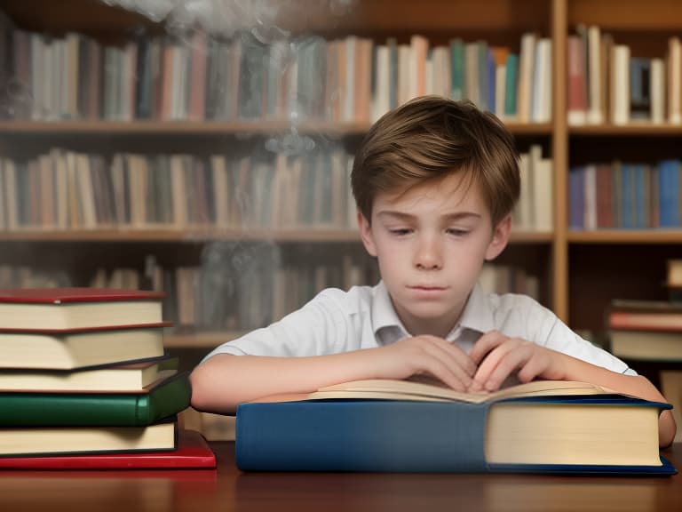  the boy, sitting in front of a bunch of textbooks, solves a difficult problem, his face is concentrated, he looks thoughtful, steam and sparks come from his head