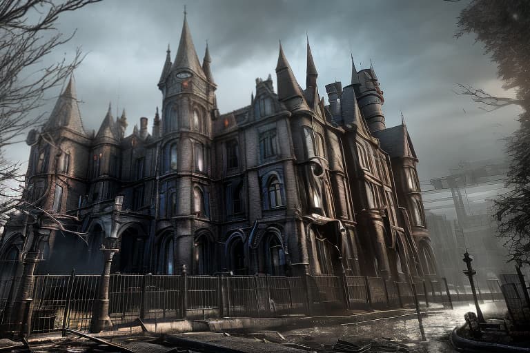 redshift style Arkham Asylum* Create a street view image of Arkham Asylum's entrance, showcasing its imposing gothic architecture, iron gates, and eerie atmosphere.