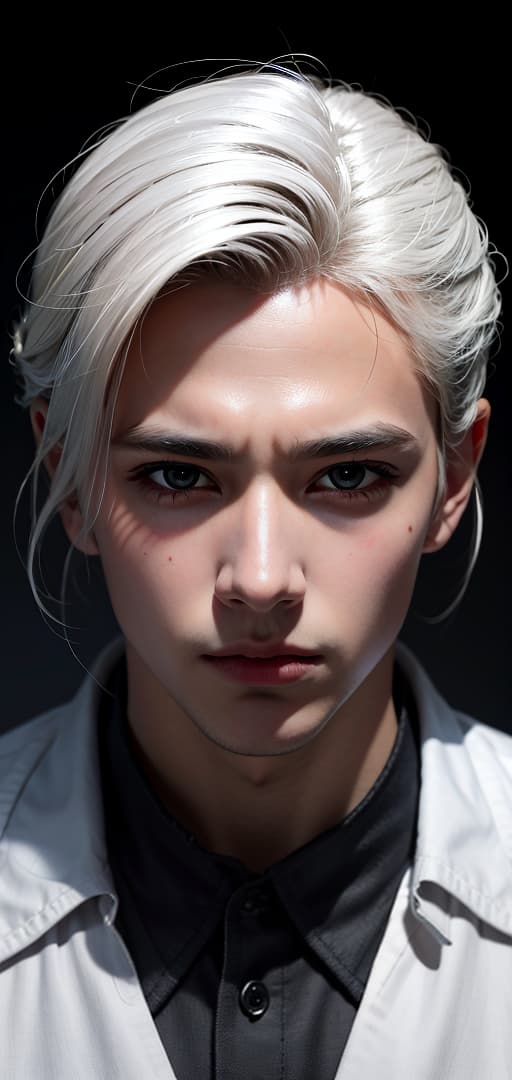  Best quality, masterpiece, ultra high res, (photorealistic:1.4), raw photo, (detail face:1.3), (realistic skin), deep shadow, dramatic lighting, stylish, handsome, good-looking face, sharp gaze, almond-shaped eyes, white hair, three white eyes, well-defined features, manly, deep shadow, dramatic lighting, portrait, portrait size, unedited, symmetrical balance