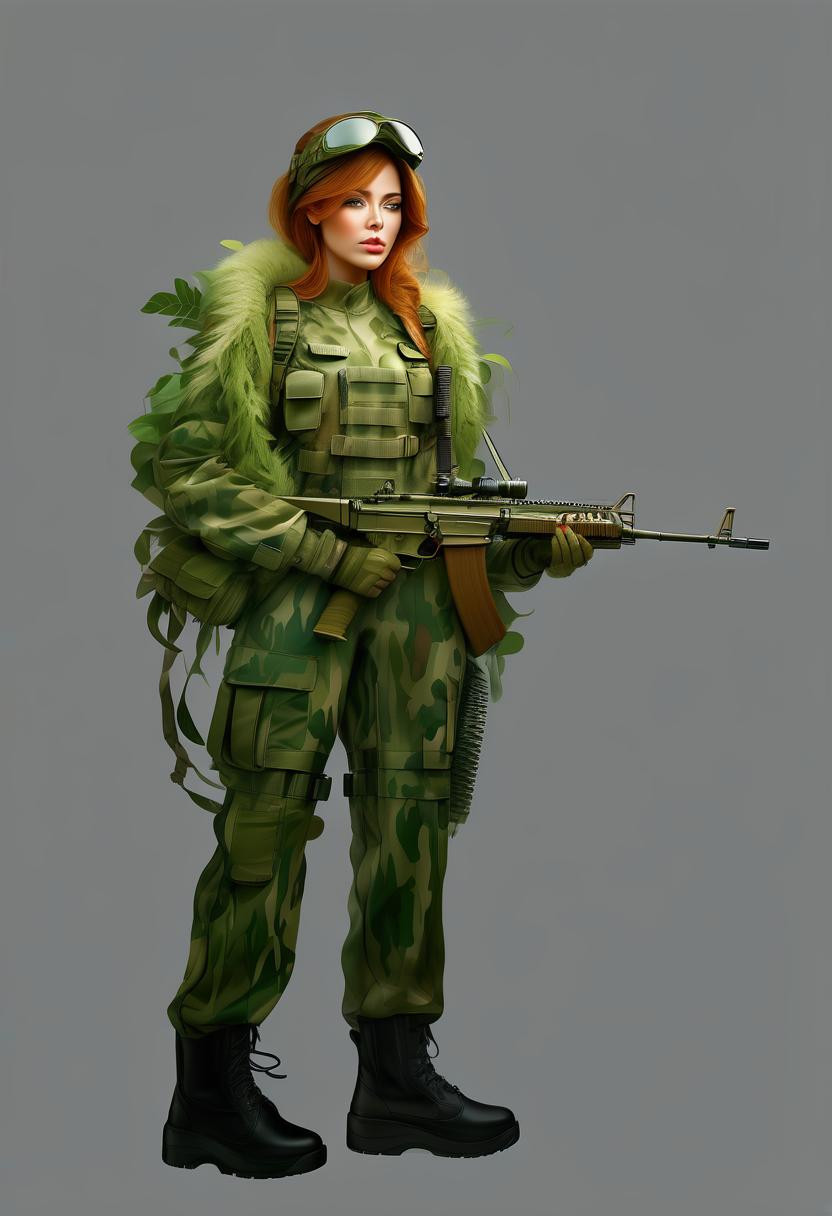  concept art make detailed render art of women with beautiful face, in camouflage suit . digital artwork, illustrative, painterly, matte painting, highly detailed