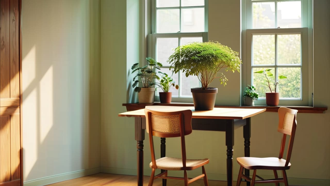  a serene, sunlit room with sparse furniture: a simple wooden table, a single chair, and a potted plant. soft neutral colors, uncluttered space, and natural light streaming through a large window evoke tranquility and simplicity. hyperrealistic, full body, detailed clothing, highly detailed, cinematic lighting, stunningly beautiful, intricate, sharp focus, f/1. 8, 85mm, (centered image composition), (professionally color graded), ((bright soft diffused light)), volumetric fog, trending on instagram, trending on tumblr, HDR 4K, 8K