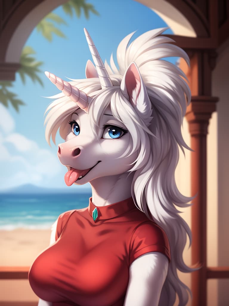  by hioshiru, by smileeeeee, A female unicorn, anthro, equine, horse, unicorn horn, open eyes, (blue eyes:0.6), grey eye, pink muzzle, white fur, white skin, mat style, beautiful expression face, red rob, clothed, clothing, (big breast), tongue out, closed mouth, :P, red dress, beautiful dress, jewels,, open eyes, masterpiece, 4k, fine details,