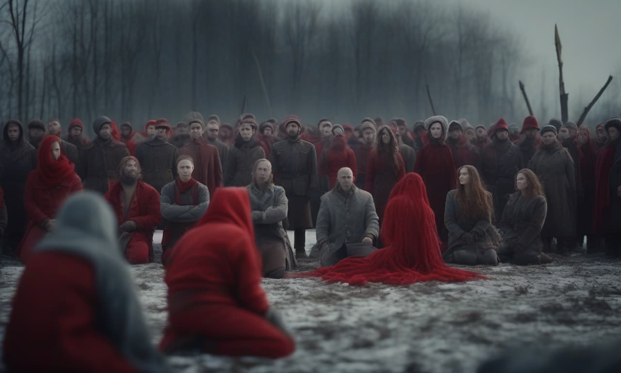  cinematic film still opera mlad, after the apocalypse, many kneeling people in slavic clothes in red and gray tones . shallow depth of field, vignette, highly detailed, high budget, bokeh, cinemascope, moody, epic, gorgeous, film grain, grainy