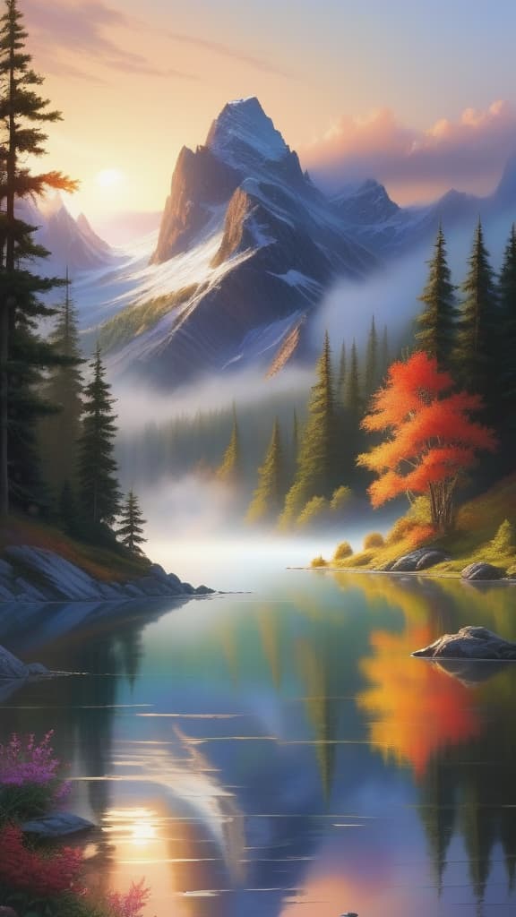  a breathtaking sunrise over a serene mountain lake, with vibrant colors reflecting off the water and mist gently rising