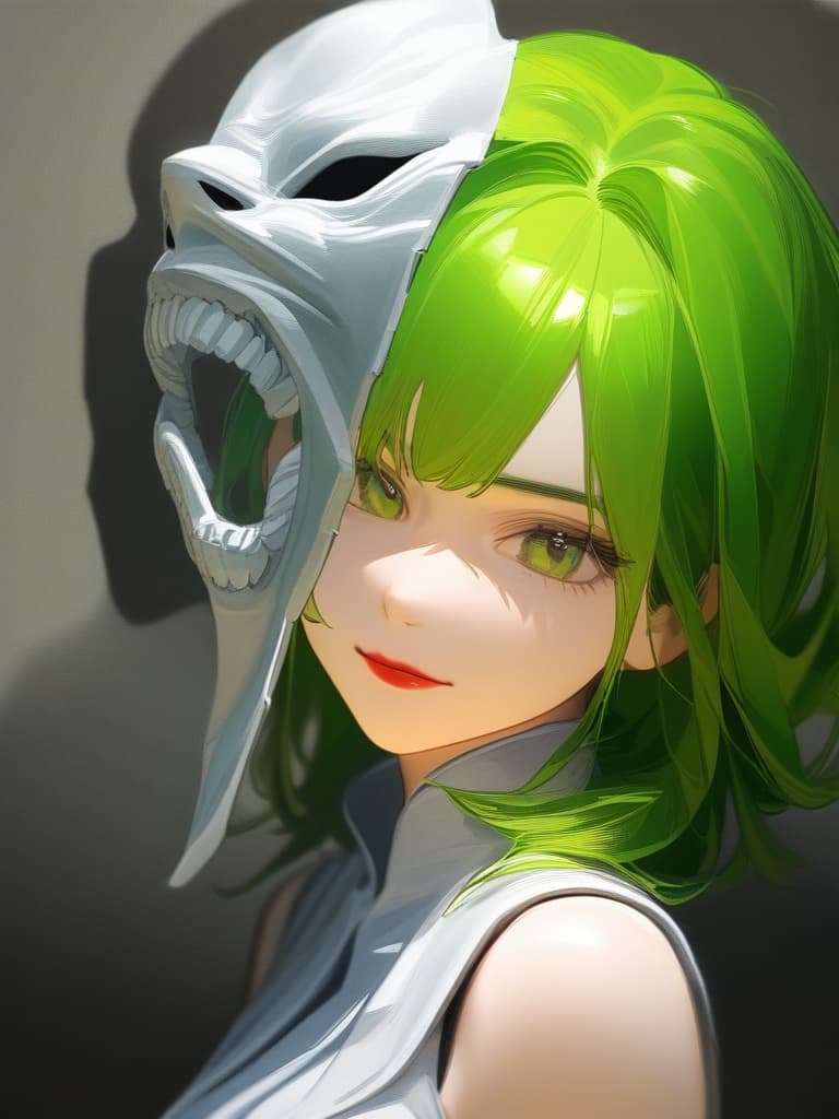  portrait view of a anime women,full white militar uniform hat,half face,joker mask,women face,photorealistic anime style,giger style,pop art tendencies,strong facial expression,(((green hair))),professional illustration,bold colors,chiaroscuro,beautiful shades,intense close ups,bright and glossy surface textures,octane render,zbrush ar 1:1 s 750