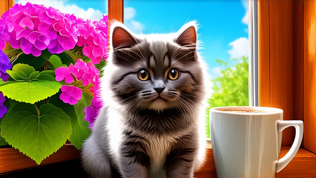  fluffy gray kitten next to a coffee mug, sitting on a windowsill, romanticism, hydrangea deity, glowing inside, joyful look, sky pink, high detail, cutest, infrared, cutecore, blocking the sun, flowers all around ar 16:9 {prompt}, maximum details