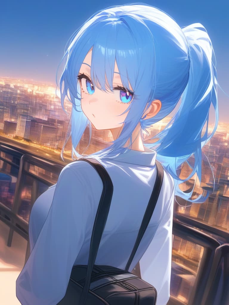  ((travel,carrying a carry on bag: 1.5,city,cityscape,girl on a trip)),((light blue hair,ponytail,blue eyes,))、ultra detailed,best shadow,cute and beautiful face,(masterpiece:1.2),(best quality:1.2),detailed background,high contrast,(best illumination,an extremely delicate and beautiful),((cinematic light)),hyper detail,dramatic light,intricate details,8k,anime,very aesthetic