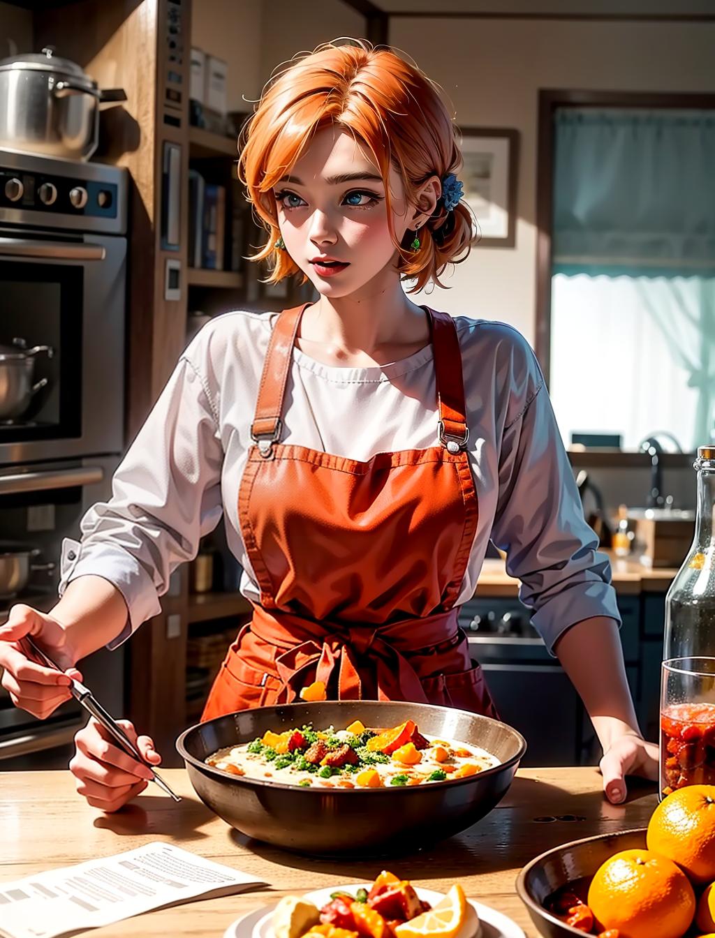  a baker with orange hair, blue skin and green eyes