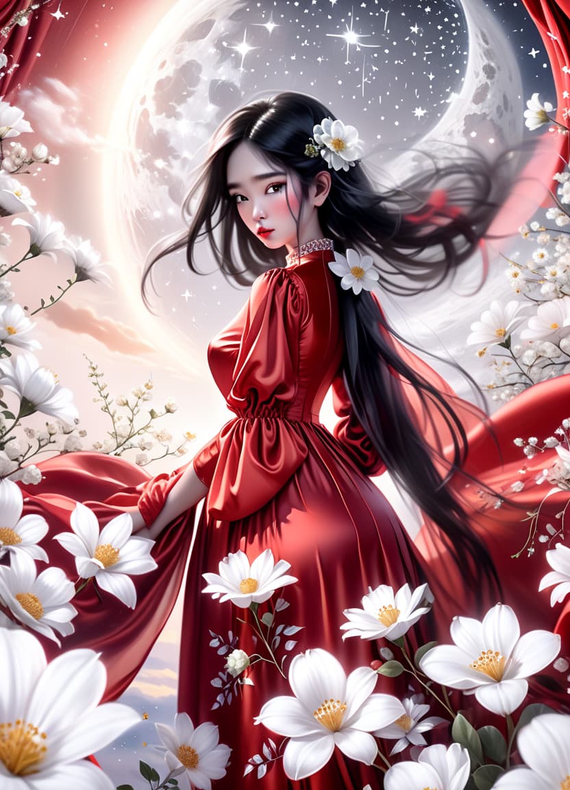  hyperrealistic art a girl in a red silk dress, in the foreground white flowers, black hair, a large bust, white sleeves with a pattern, against a starry sky. . extremely high resolution details, photographic, realism pushed to extreme, fine texture, incredibly lifelike, perfecteyes, glowneon