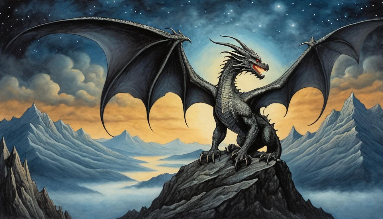  on parchment, surrealism++, majestic dragon perched on a mountain peak, scales gleaming, eyes glowing, night sky backdrop, atmosphere of power and guardianship(mysterious, provocative, symbolic)++