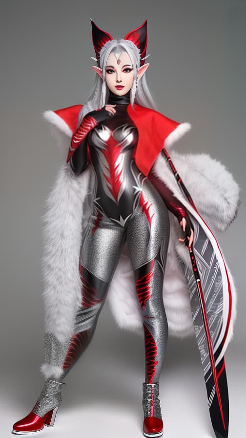  Full body red and silver flame pattern body paint,silver body paint on the whole body,grey face paint on the face, elf, full body image 女性