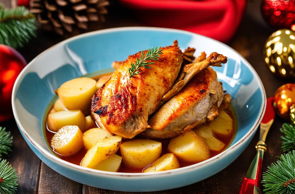  professional detailed photography, christmas fried cooked duck with fruits and potatoes on a stewed background. christmas concept ar 3:2, (muted colors, dim colors, soothing tones), (vsco:0.3)