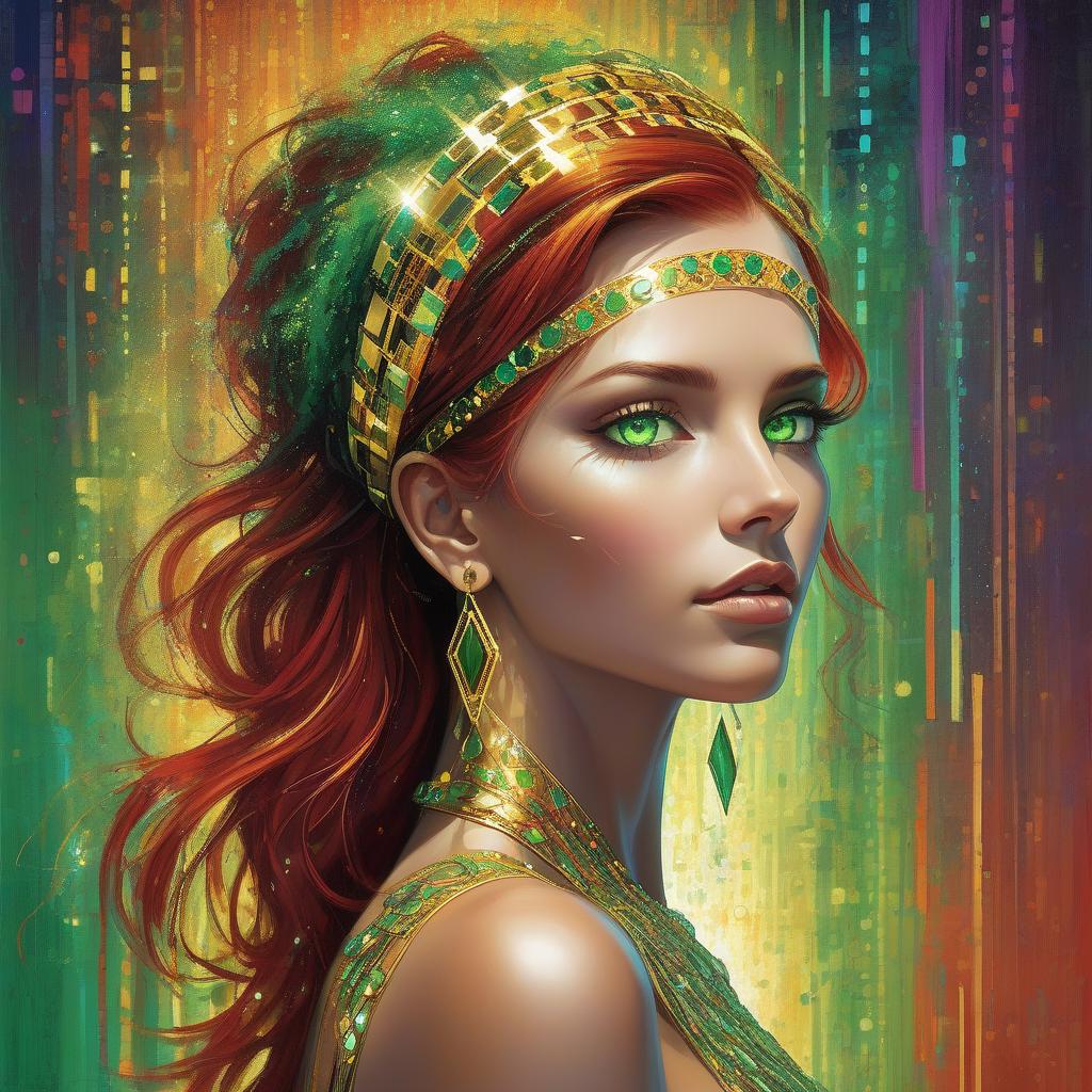  a woman with vibrant multicolored hair and a bejeweled headband, with striking green eyes and gold earrings. high quality, 8k ultra hd, imagine a vibrant canvas illuminated by a cascade of colorful binary code, forming the silhouette of a captivating brown wavy flowy hair woman, the dynamic lines and patterns, reminiscent of a digital dance, weave together to create a harmonious fusion of technology and art, the binary code, in hues ranging from electric blues to radiant reds and vivid greens, breathes life into the woman's form, her silhouette emerges as a synthesis of the digital and the organic, a testament to the seamless integration of technology and beauty in your masterful creation, high detailed, she is standing infront of a wicked