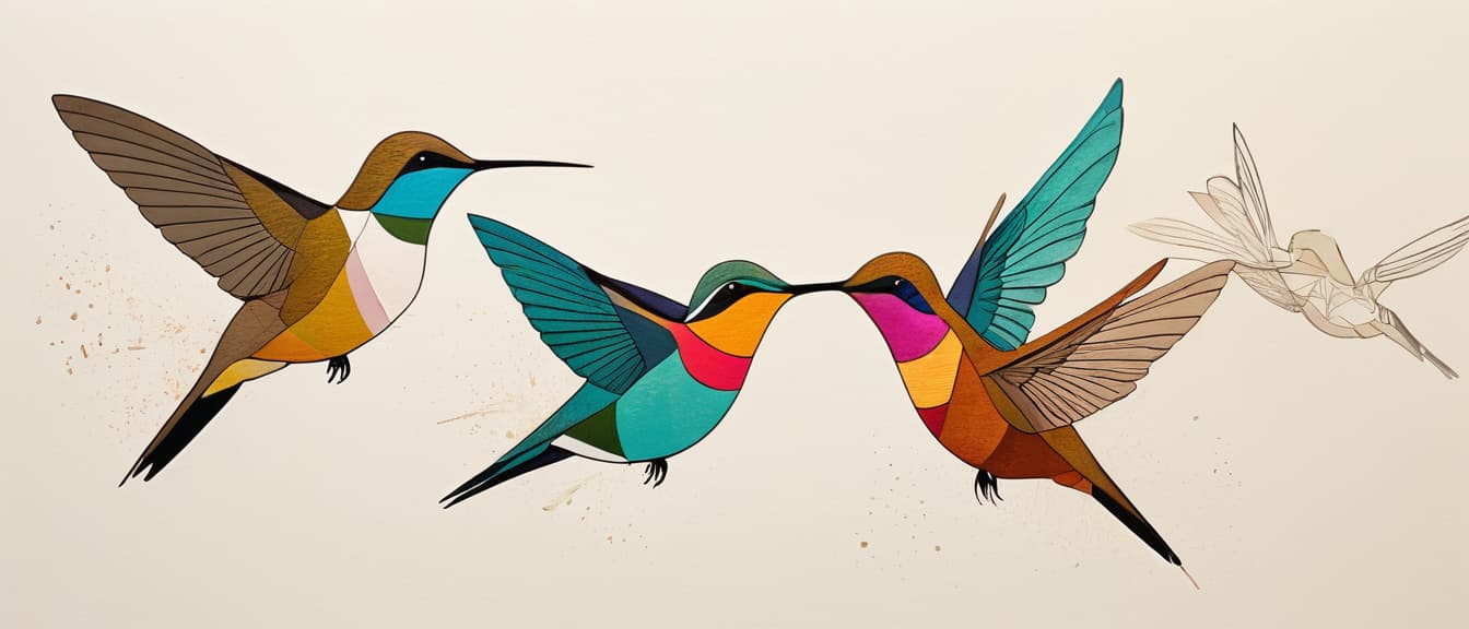  minimalism, the images features individual hummingbirds flyinb, each illustrated with fine detail, highlighting their unique textures and curvature. the hummingbirds vary, each carrying its own distinct form, emphasizing their organic and fluid shapes., abstract, simple geometic shapes, hard edges, sleek contours, minimalism