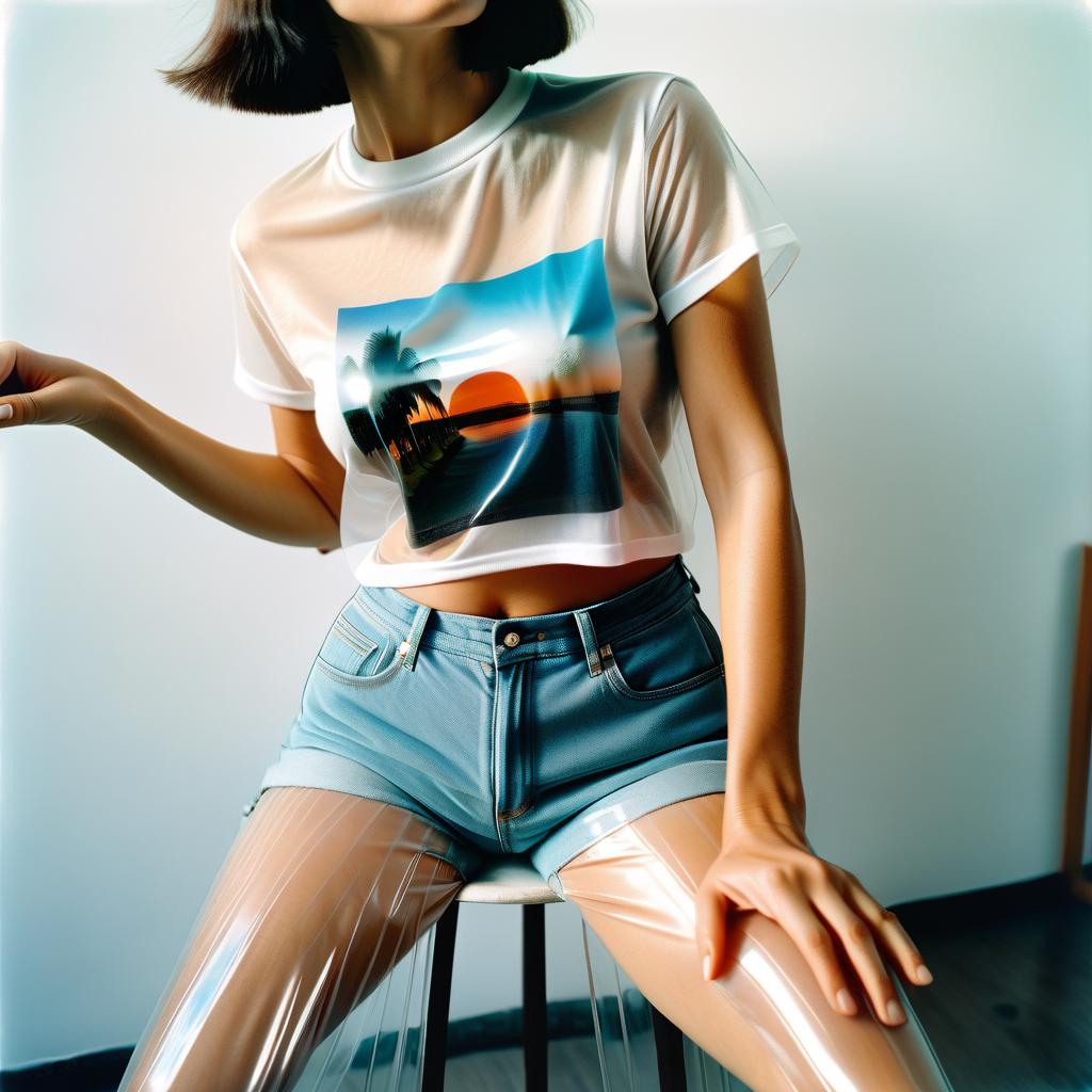  the has a transparent t shirt and a very short transparent on her legs., perfect hands, film photography style