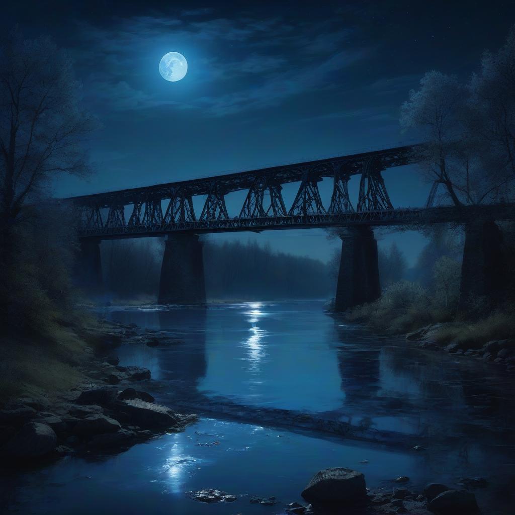  night. an ancient railroad bridge illuminated by blue moonlight.