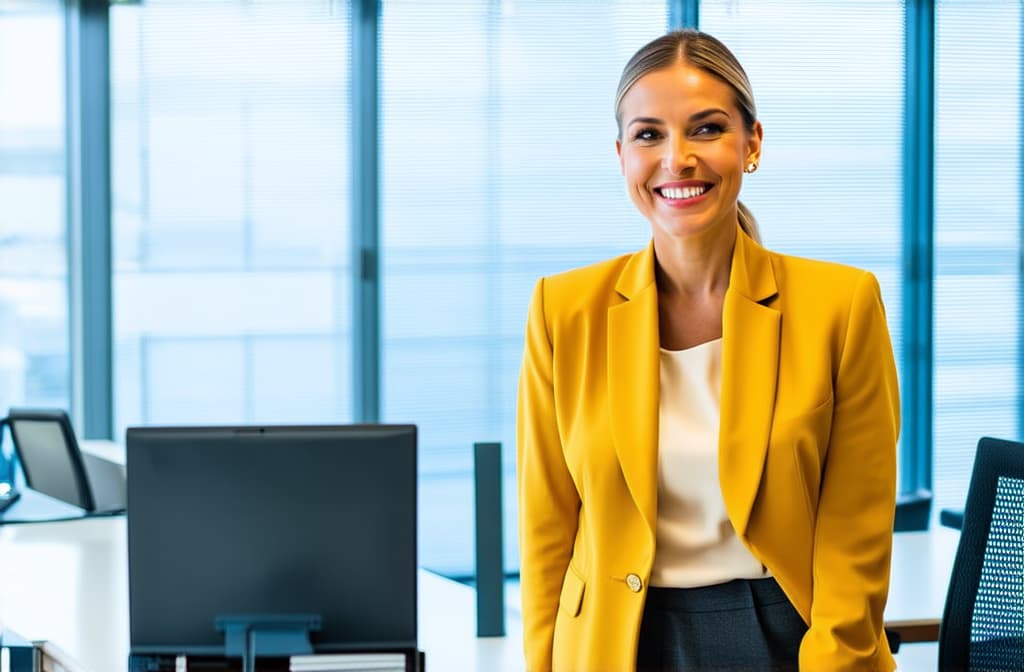  professional detailed photography, portrait of smiling businesswoman in mustard colored jacket standing in open plan office. happy female professional executive manager, financial banking or marketing data. ar 3:2, (muted colors, dim colors, soothing tones), (vsco:0.3)