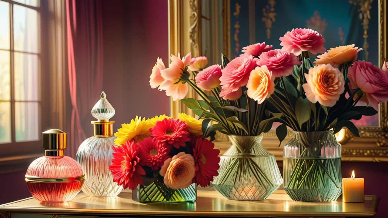  a luxurious vanity scene featuring elegant glass skincare bottles, shimmering makeup palettes, and plush velvet textures, illuminated by soft golden light, with delicate floral accents and a hint of opulence in every detail. hyperrealistic, full body, detailed clothing, highly detailed, cinematic lighting, stunningly beautiful, intricate, sharp focus, f/1. 8, 85mm, (centered image composition), (professionally color graded), ((bright soft diffused light)), volumetric fog, trending on instagram, trending on tumblr, HDR 4K, 8K