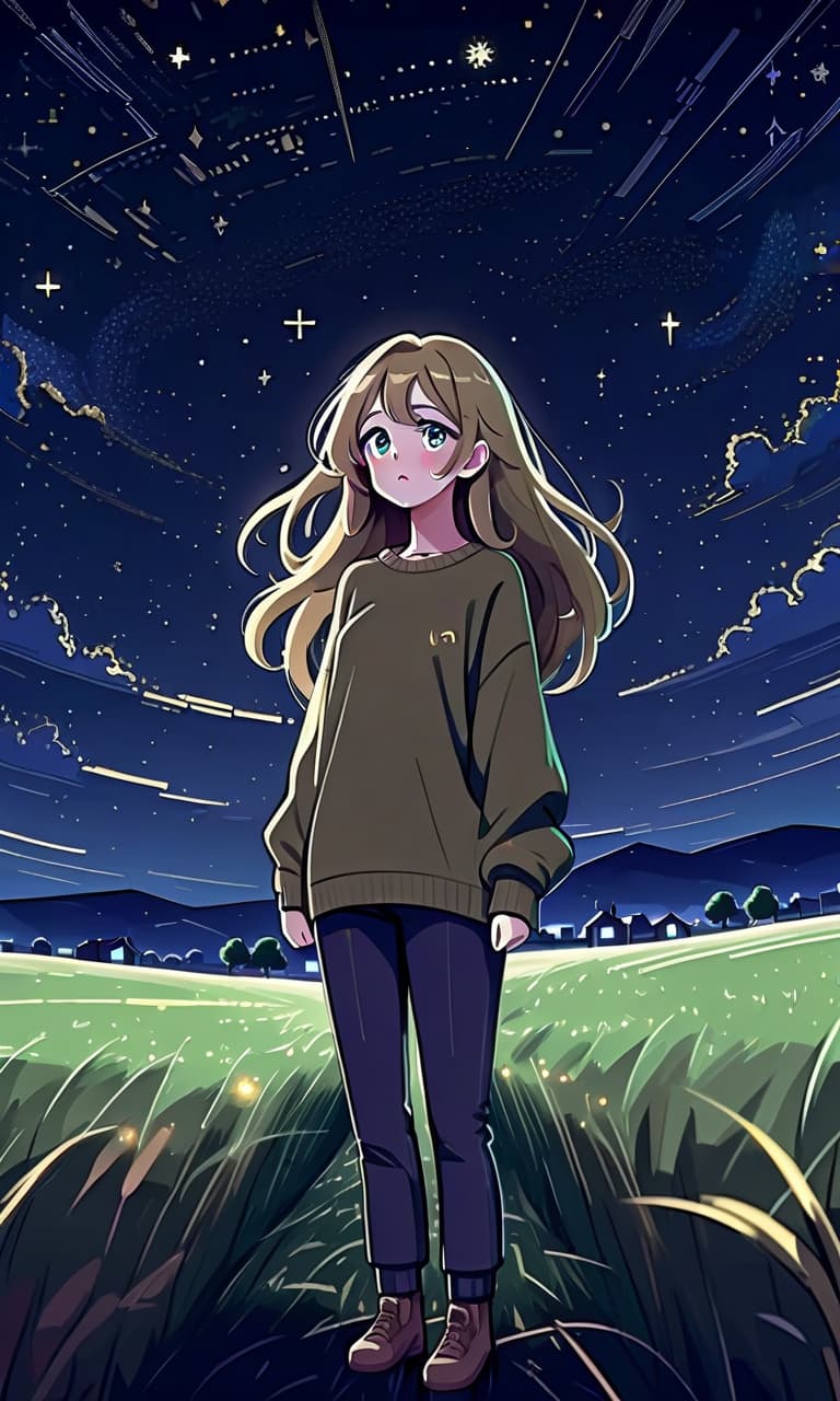  architectural style a girl in anime style with long hair stands in the middle of the field at night wearing a khaki sweater and pants. the girl looks at the starry sky at night, her eyes of a specific color are full of joy from the unknown and curiosity. she pulls her hand up towards the night sky. . clean lines, geometric shapes, minimalist, modern, architectural drawing, highly detailed