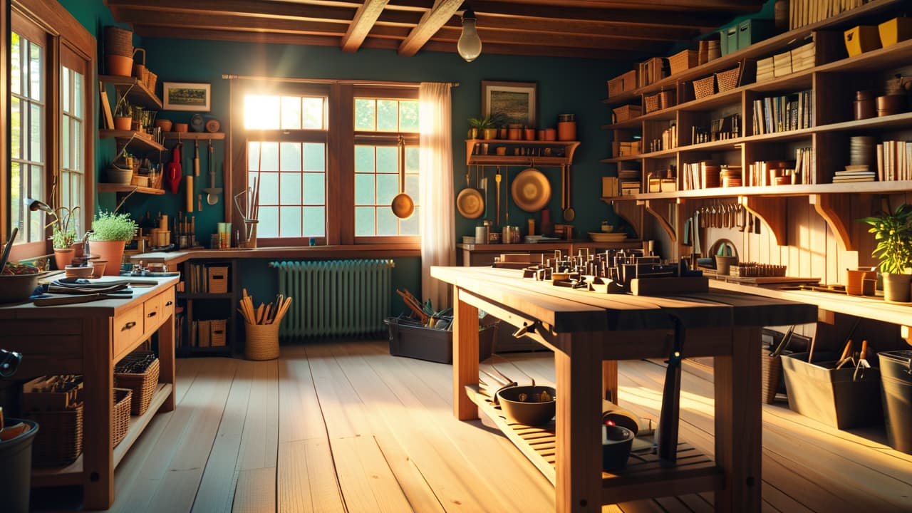  a cozy workshop with sunlight streaming through windows, showcasing a wooden workbench cluttered with tools, wood pieces, and a half finished project, surrounded by shelves filled with inspirational woodworking books and plans. hyperrealistic, full body, detailed clothing, highly detailed, cinematic lighting, stunningly beautiful, intricate, sharp focus, f/1. 8, 85mm, (centered image composition), (professionally color graded), ((bright soft diffused light)), volumetric fog, trending on instagram, trending on tumblr, HDR 4K, 8K