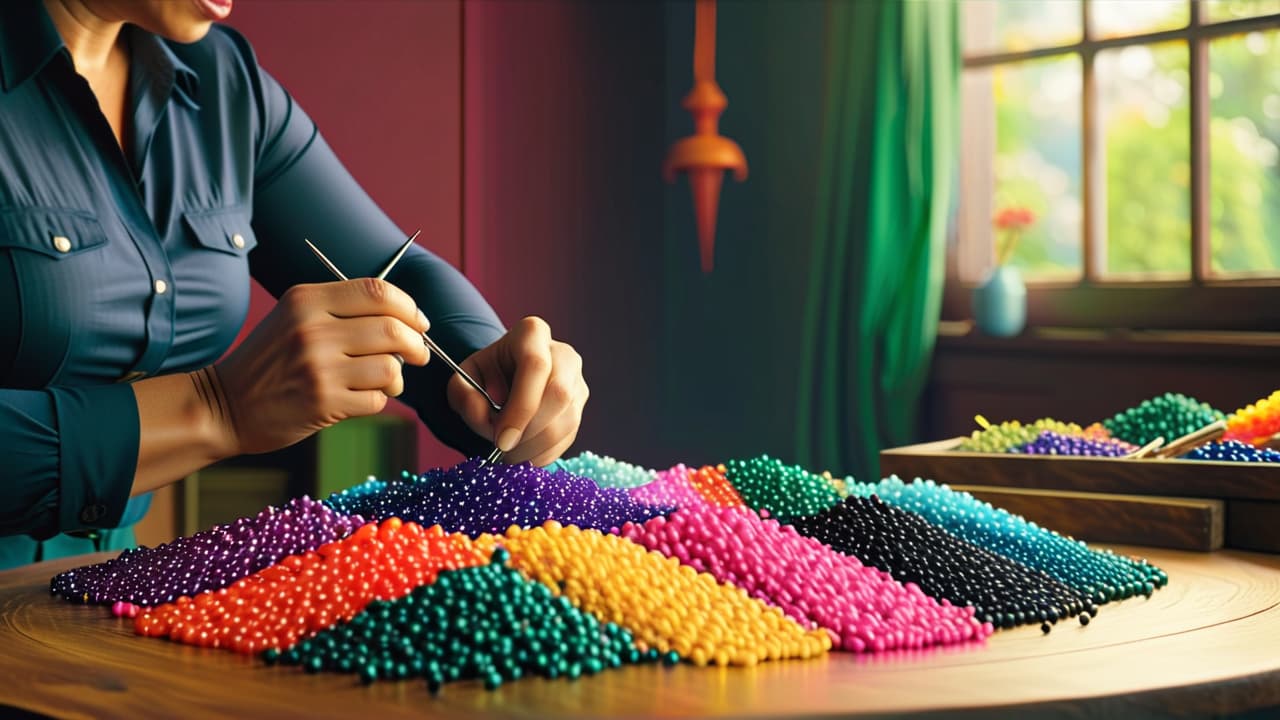  a close up of hands skillfully threading vibrant beads onto a needle, surrounded by colorful beads scattered on a wooden table, with tools like pliers and scissors artfully arranged nearby, showcasing creativity and precision. hyperrealistic, full body, detailed clothing, highly detailed, cinematic lighting, stunningly beautiful, intricate, sharp focus, f/1. 8, 85mm, (centered image composition), (professionally color graded), ((bright soft diffused light)), volumetric fog, trending on instagram, trending on tumblr, HDR 4K, 8K