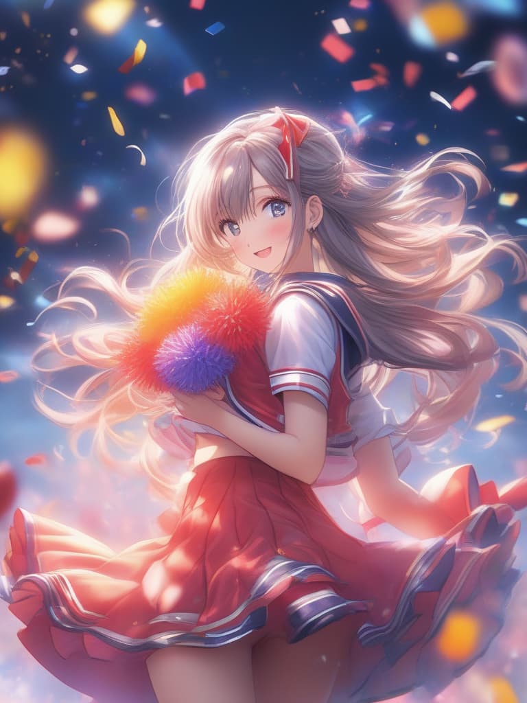  detailed,vivid colors,beautiful blue sky background,(masterpiece,hyper quality 1 5),ultra detailed,highlight eyes,detailed face,looking,scenery,master piece,best quality,ultra detailed,high resolution,8k,cute dollike girls,a sea of clouds illuminated by moonlight,smile,athletic world,magical animals,charming girls,lolita,100 tiered ruffle,pastel color,cheerleader,cheerleader outfit,holding 2 pompons ,raising one arm,falling confetti hyperrealistic, full body, detailed clothing, highly detailed, cinematic lighting, stunningly beautiful, intricate, sharp focus, f/1. 8, 85mm, (centered image composition), (professionally color graded), ((bright soft diffused light)), volumetric fog, trending on instagram, trending on tumblr, HDR 4K, 8K