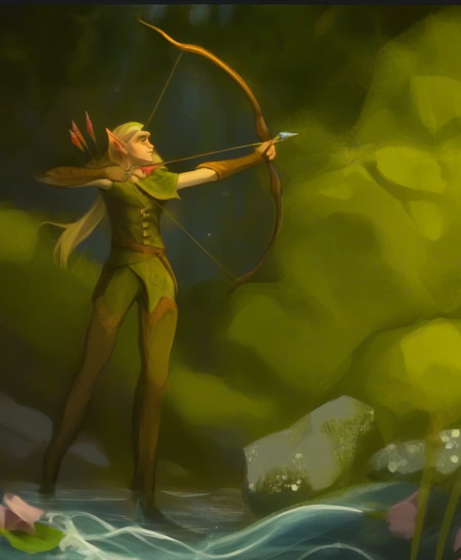  concept art an elf shoots a bow in a dark forest, standing on the ankle in the water. view from below . digital artwork, illustrative, painterly, matte painting, highly detailed, oil painting