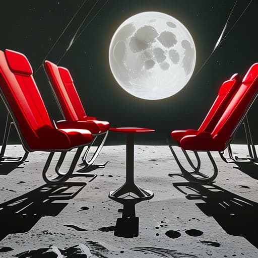  3 red chairs in zero gravity on the moon