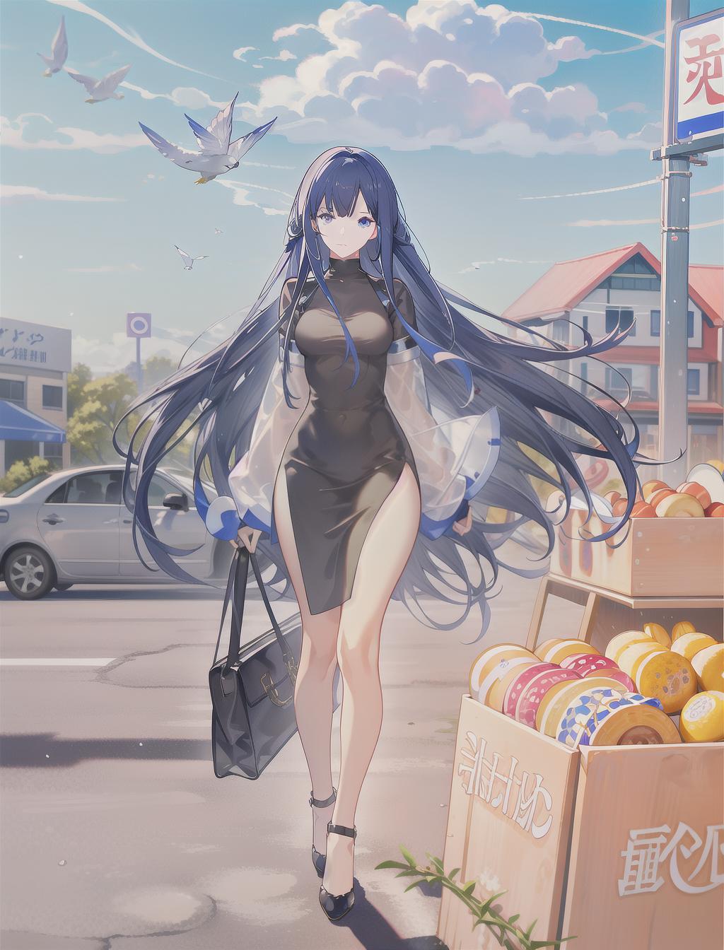  masterpiece, best quality, close up, solo, 1girl, female idol, convenience store scene, long straight dark blue hair, bangs, two moles under left eye, large dark blue eyes, tall slender curvy figure, pale skin, sad, smoking