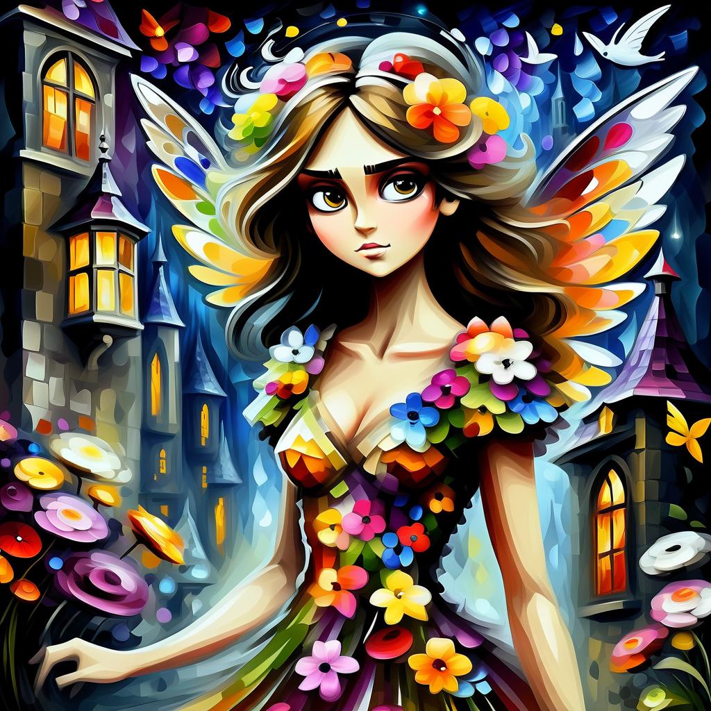  (style of leonid afremov:1.5), fantasy world with pixies and flowers, a castle with many flowers, flying pixi girl, pixi dressed in a dress made of flowers, in clothes made of flowers, forest of flowers, alley of flowers in the forest, dream, wings of flowers, night and stars, epic realism, anime features, dark fantasy, abstract horror, desaturated color palette, gothic and renaissance aesthetic,