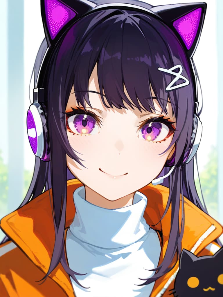  (black cat ear headphones: 1.2), masterpiece, best quality, (purple eyes: 1.3), (close up: 1.2), from front, double eyelids, medium 3 .2), smile , (orange overside jacket: 1.2), white turtleneck, triangle hair pin the three,