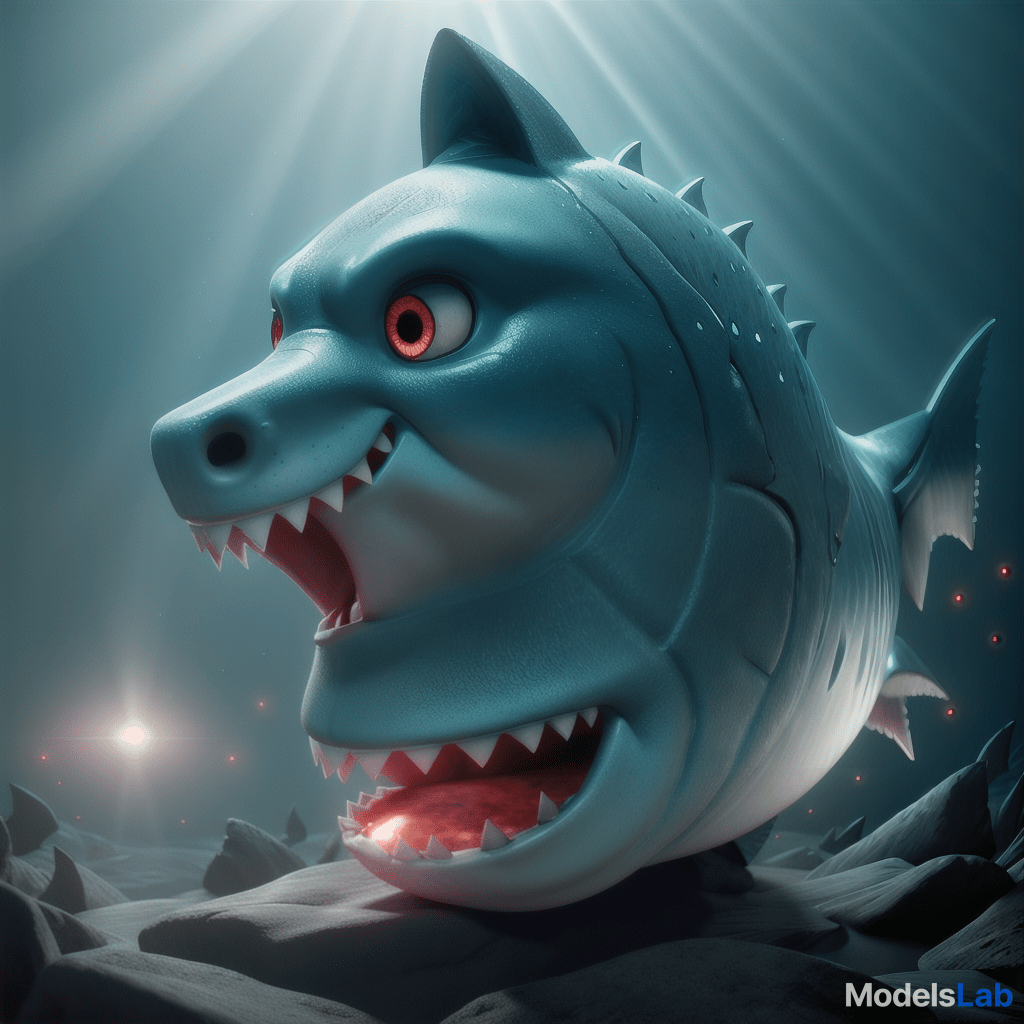  a realistic 8k portrait of a terrifying shark deep in the ocean at night, with its mouth wide open. the shark's eyes and mouth emit an intense red light, illuminating the surrounding dark water. the ocean is dimly lit with deep blue and black tones, creating a menacing atmosphere. the red glow casts shadows around the shark, highlighting its sharp teeth and adding a supernatural, horror like effect. subtle light rays from above barely penetrate the murky water, adding to the eerie, otherworldly feel of the scene. hyperrealistic, full body, detailed clothing, highly detailed, cinematic lighting, stunningly beautiful, intricate, sharp focus, f/1. 8, 85mm, (centered image composition), (professionally color graded), ((bright soft diffused light)), volumetric fog, trending on instagram, trending on tumblr, HDR 4K, 8K