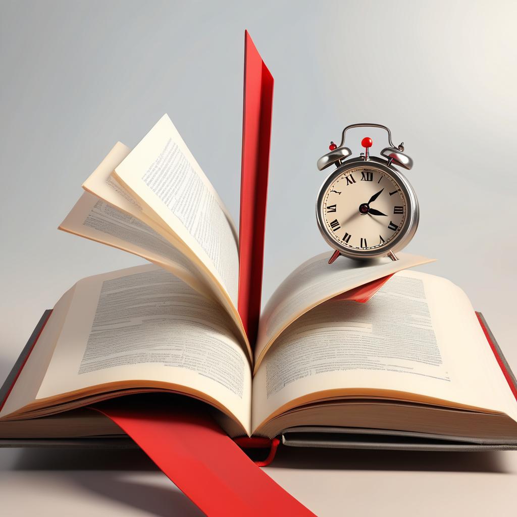  an open book in air with a red bookmark with clock