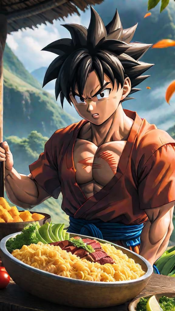  anime art: exaggerated eating scenes like goku and luffy symbolize vitality and humor in battles. hyperrealistic, full body, detailed clothing, highly detailed, cinematic lighting, stunningly beautiful, intricate, sharp focus, f/1. 8, 85mm, (centered image composition), (professionally color graded), ((bright soft diffused light)), volumetric fog, trending on instagram, trending on tumblr, HDR 4K, 8K